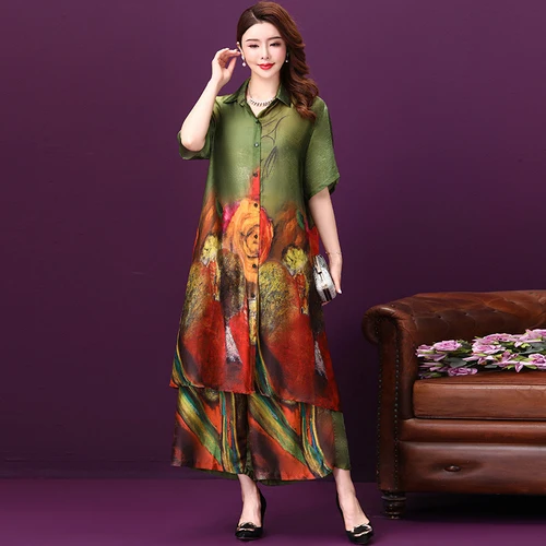 

2019 Spring Summer Short Sleeved Silk Women Dress New Style Cardigan Loose Printed Female Wide Legged Trousers Two Piece Dresses