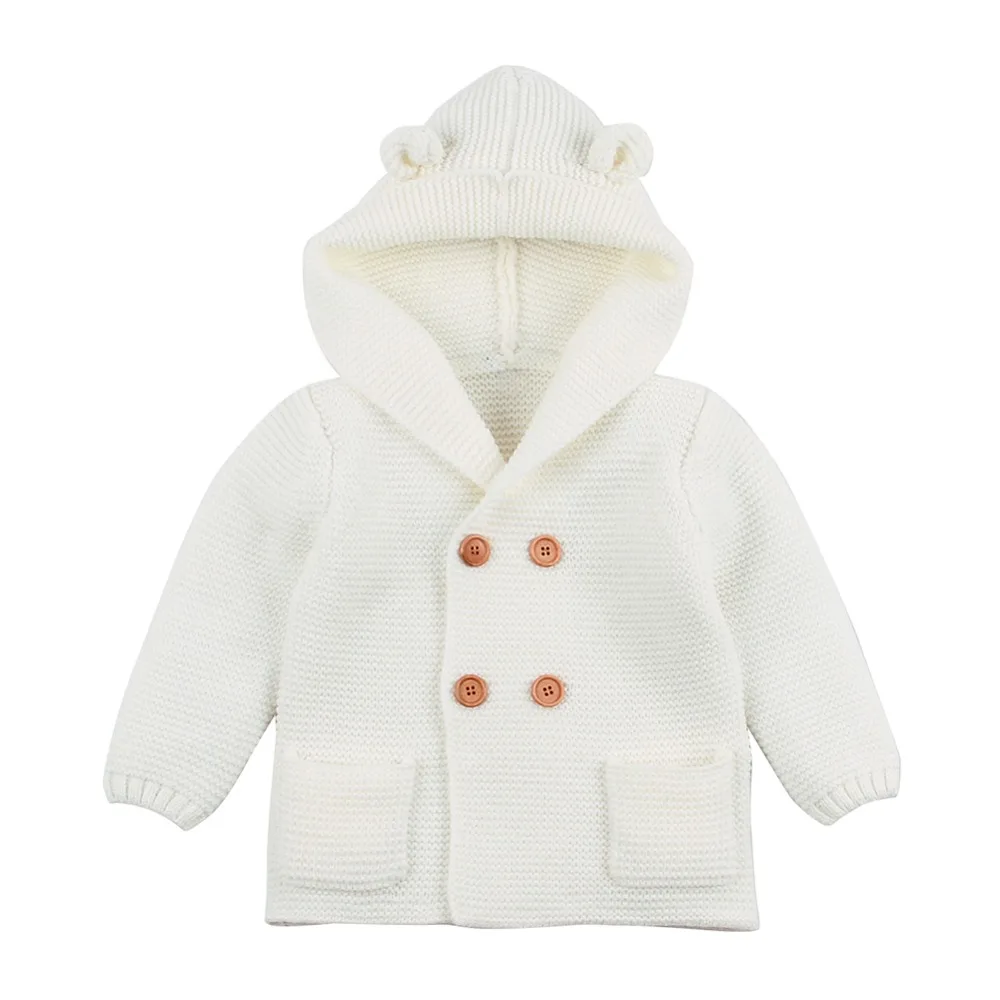 Winter Warm Newborn Baby coat Fur Hood Detachable Grey Infant Boys Girl Knitted Cardigan Fall Outwear Children Knitwear sweater - Цвет: white