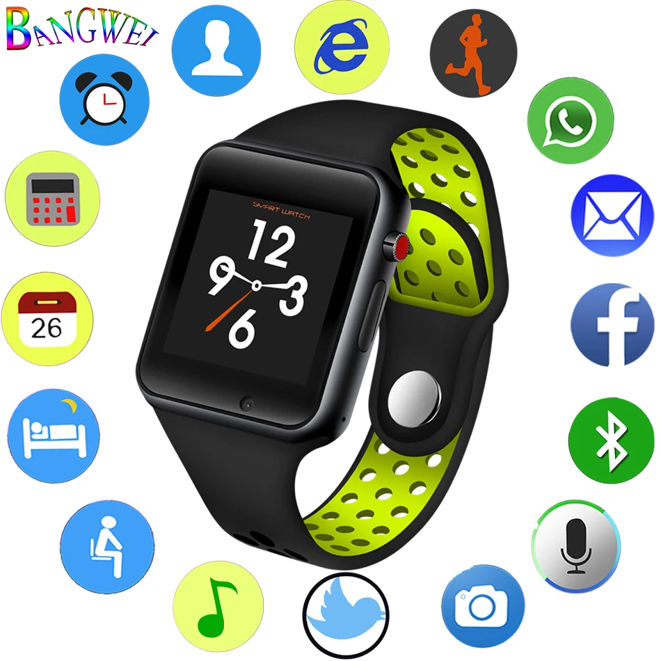 

BANGWEI 2018 new men's smart sports watch pedometer LED digital watch SIM card camera music player smart watch for Android + Box