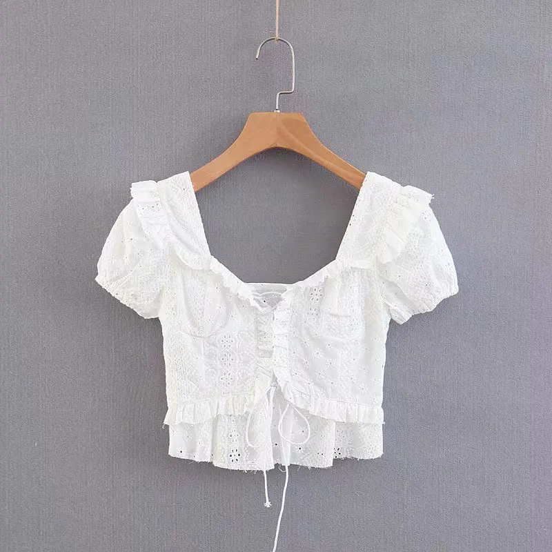 Лето 2019 Цветочная вышивка женская короткая стильная блузка Сексуальная белая