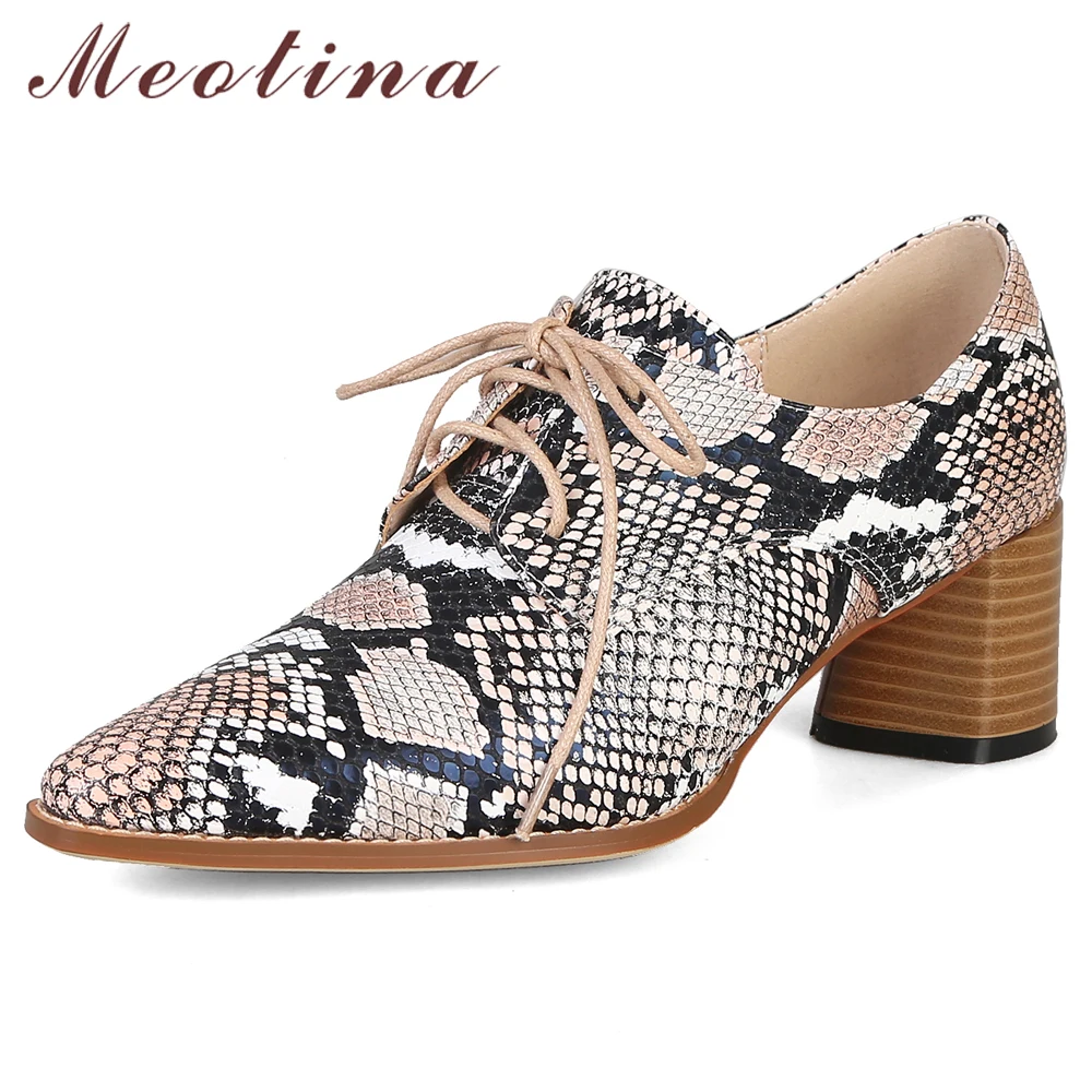 

Meotina High Heels Women Shoes Sneak Print Thick High Heels Shoes Fashion Lace Up Pointed Toe Shoes Female White Plus Size 33-43