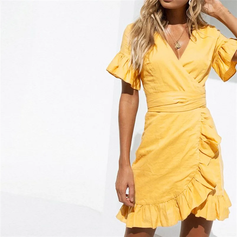 HOT sell Fashion summer dress beach dress Women casual V-Neckline Dress Solid Short Sleeve Irregular dress vestidos Y12#N (5)