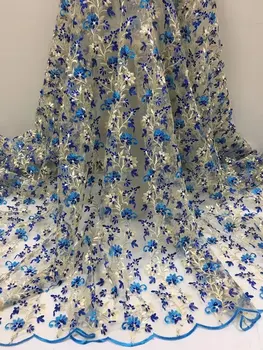 

2018 New Arrival Beads African Swiss Voile Lace Fabric Nigerian Blue Gold 3D Flower Wedding Party Dresses Mesh Net Lace Material