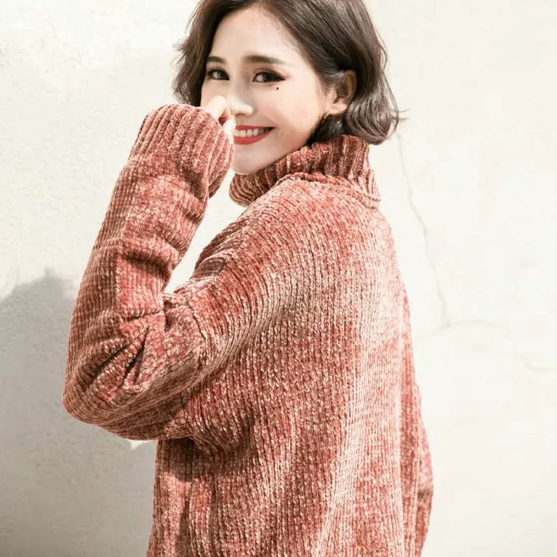 

Winter Golden Velvet Turtleneck Women's Sweater Long Sleeve Knitted Loose Pullovers Women 2019 Elegant Jumper Sweaters Female