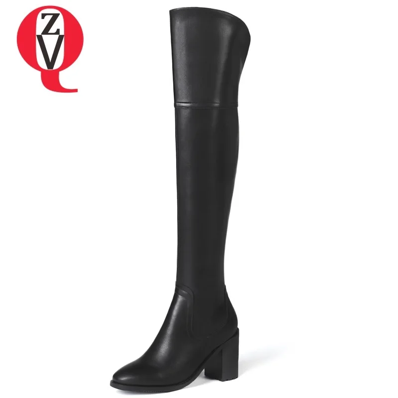 

ZVQ genuine leather new women shoes high quality square toe zipper super high square heel black fashion concise over knee boots
