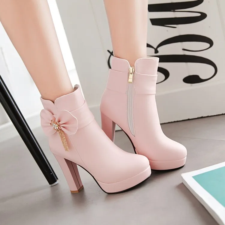 10_2016 Autumn Korean Womens Pink Dress Booties Shoes Princess Bow High Heels Black And White Platform Ankle Boots For Winter