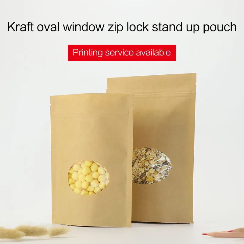 

stand up pouches with zipper brown kraft paper zip lock bag with oval window coffee tea snack food packaging bags