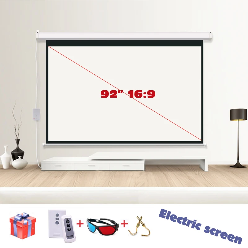 

HD 92" 16:9 Electric Projection Screen Pantalla Proyeccion matt white for LED LCD HD Movie Motorized Projector Screens