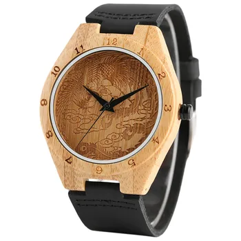 

Classic Phoenix Design Dial Men's Hand-made Bamboo Wooden Watch Number Wood Case Genuine Leather Band Nature Casual Watches Gift