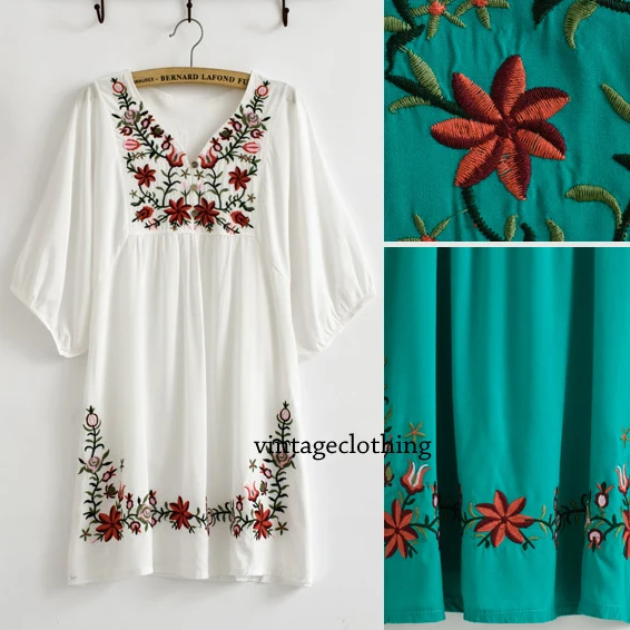 Vintage 70s Mexican Ethnic Fl Embroidery Deep V Tail Mini Vintage 70s Mexican Ethnic Fl Embroidery Deep V Tail Mini Dress Cotton Top Solid White Hippie