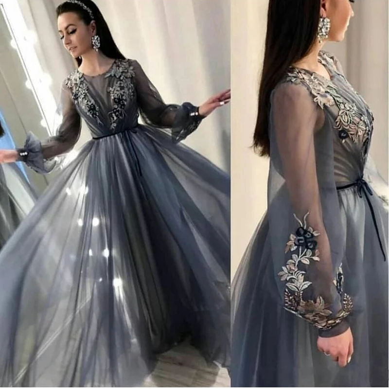

New Arrival Tulle dress evening Long sleeve abendkleider Formal dress Party muslim evening dress Plus size
