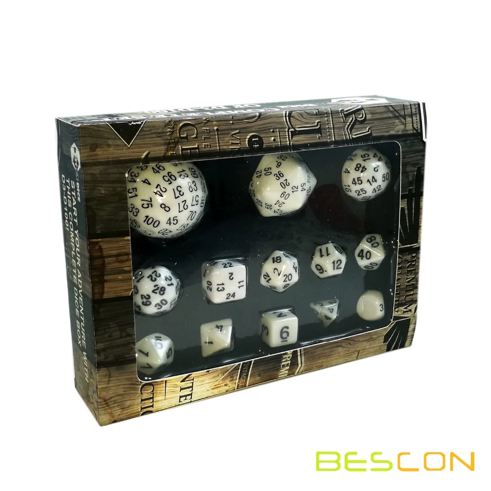 Bescon полный многогранный набор игральных костей 13 шт. D3-D100, 100 сторон набор игральных костей непрозрачный белый