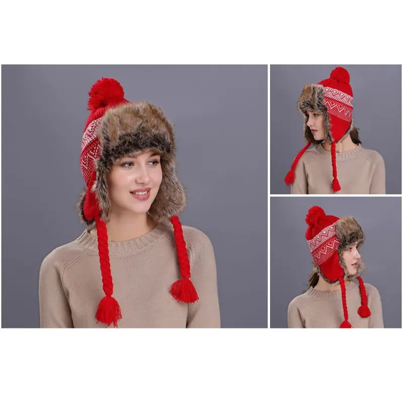 11 Styles Women Winter Thicken Lining Earflap Hat Knitted Contrast Color Snow Ski Beanie Cap Pompom Ball Long Tassels Ear Warmer