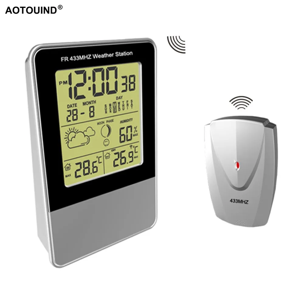 

AOTOUIND Digital Temperature Instruments RF433 Indoor Outdoor Wireless Weather Station Clock with Temperature Humidity