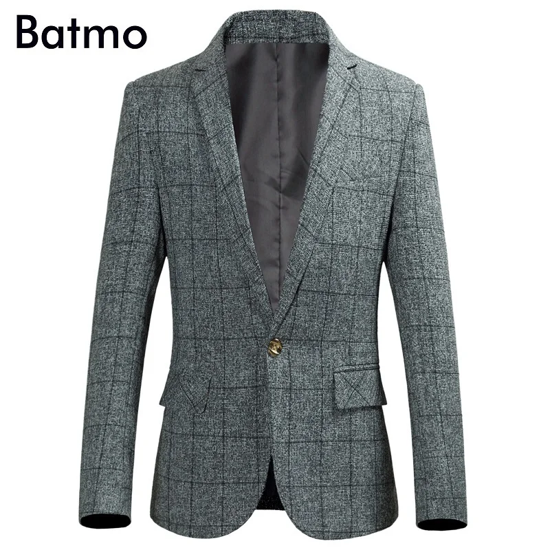 Batmo 2018 Новое поступление высокое качество одной кнопки Повседневная плед Пиджаки мужские серые пиджаки, костюмы Куртки Мужчины Плюс Размер