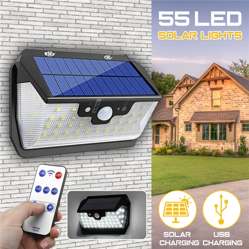 

Smuxi 55LED Solar Motion Sensor Light 3 Lighting Modes Outdoor Security Wall Lamp USB Charging Waterproof