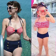 Комплект одежды для плавания с бретелькой на шее и бантом для мамы и девочки, детский купальный костюм для девочек Купальник, пляжная одежда с пуш-ап