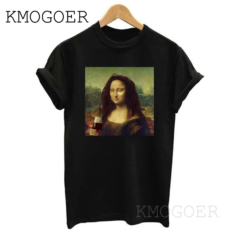 Mona Lisa Drinking red wine Tees забавные стильные летние модные черные футболки с коротким рукавом хлопковые топы женская уличная футболка