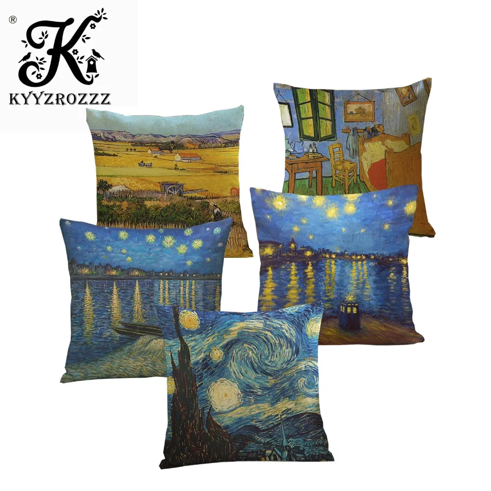 

45X45cm Van Gogh Oil Painting Style Cushion Cover Linen Cotton Pillow Case for Sofa Car Chair Gift cojines Free Shipping