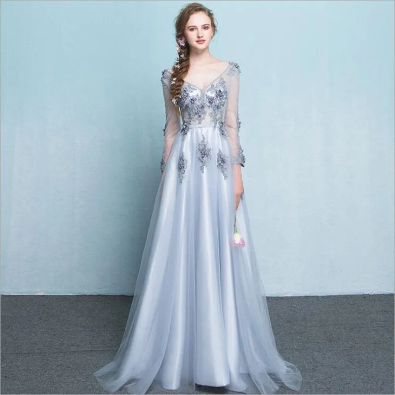 

2019 Train New Appliques Vintage V neck A-line Long Evening Dress with Sleeves Tulle Elegant Prom Party Dresses