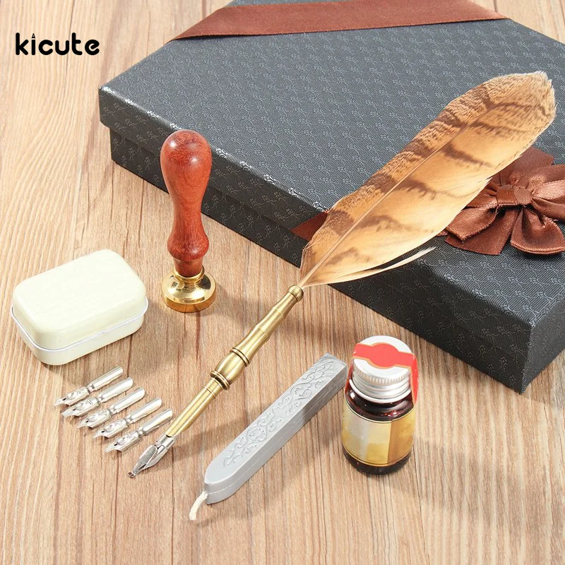 

Excellent Quality Vintage European Quill Stamp Feather Dip Pen Set Fountain Pen Writing Ink Luxury Stationery Set With Gift Box