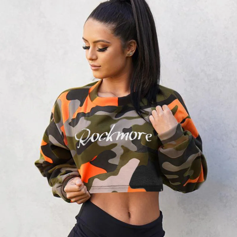 

2018 Sexy Women Camouflage Letter Print Hoodies Navel Bare Crop Tops Long Sleeve Loose Sweatshirts Sudadera Mujer Camo Pullovers