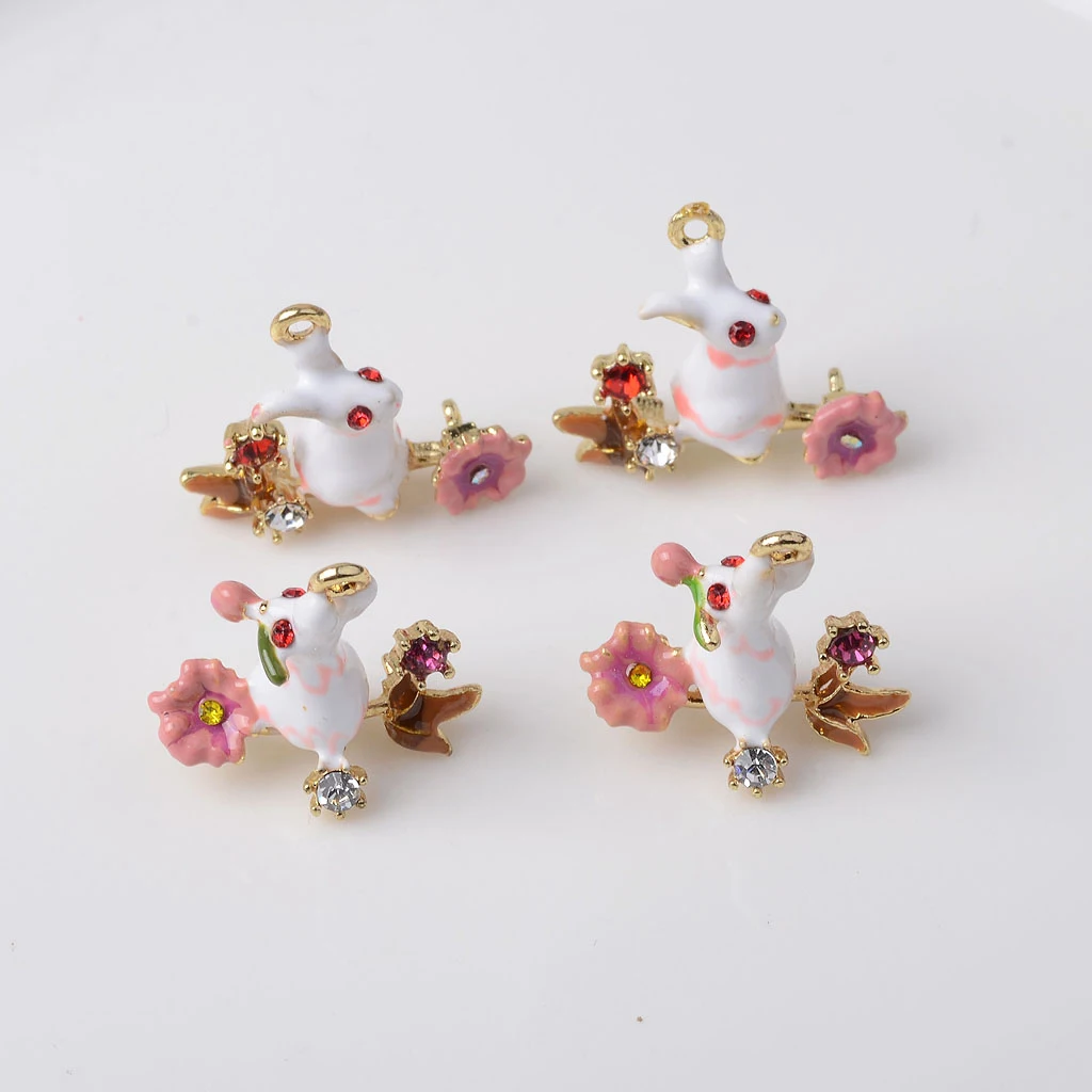 4Pcs Rhinestone Decorated Easter Rabbit with Flower for Hanging Charms Pendants /Earring Findings Crafts/Necklace Bracelets DIY