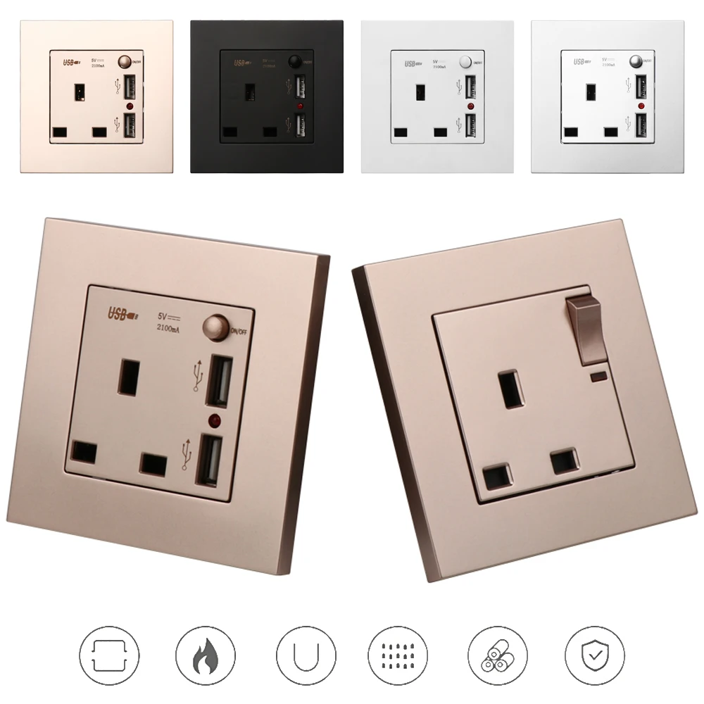 

Wall Power Socket 16A UK Standard Electrical Outlet With 5V 2.1A Dual USB Charger Port for Mobile Phone Home Power Supply
