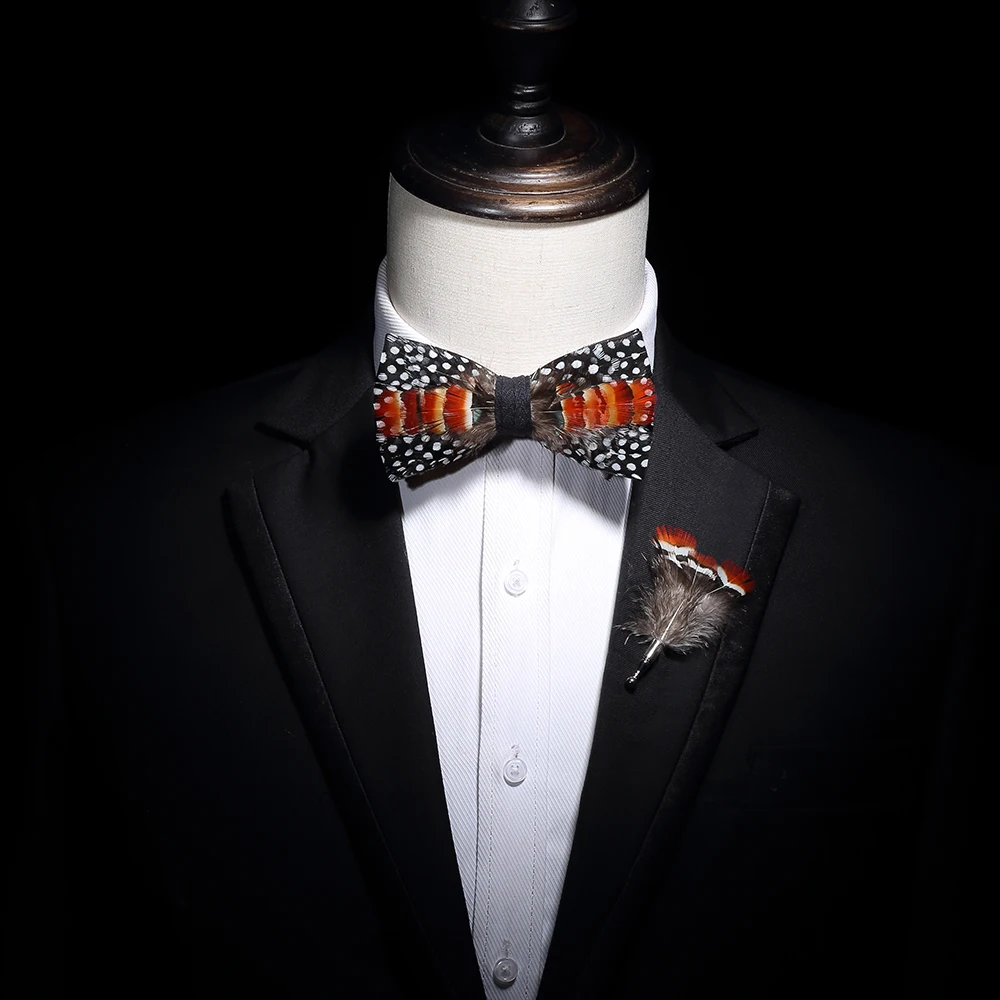 

JEMYGINS fashion men's bow tie handmade black leather bow tie feather bow brooch wooden box wedding party gift