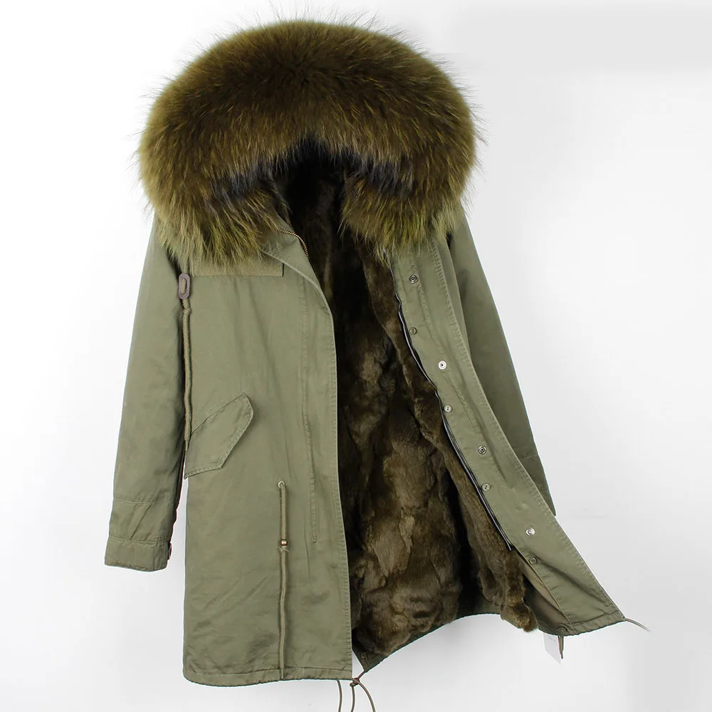 Мода г. женские кроличий мех внутри с капюшоном длинное пальто парки и пиджаки Army Green большой енота меховым воротником зимняя куртка DHL - Цвет: 4D2