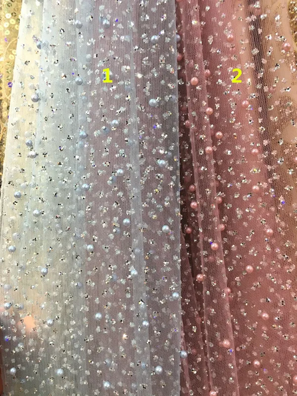 Latest african glued glitter lace fabric high quality nigerian mesh SYJ-7242 tulle with beads | Дом и сад