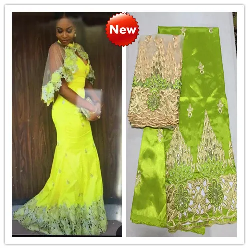 Q59Lemon green нигерийская сырая шелковая сетка ткань Джордж 5 ярдов с подходящая