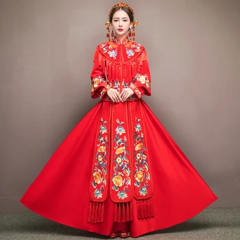 

Chinese Style Tassel Women Wedding Dress Embroidery Flower Elegant Red Cheongsam Female Exquisite Big Size Toast Clothing Qipao