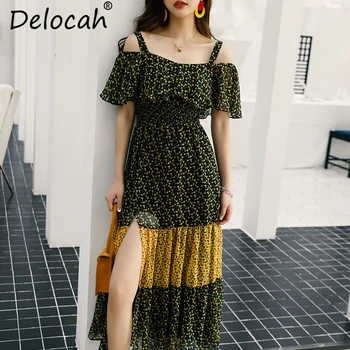 

Delocah Spring Summer Women Dress Runway Fashion Designer Slim Spaghetti Strap Ruffles star Printed Elegant Side slit Dresses