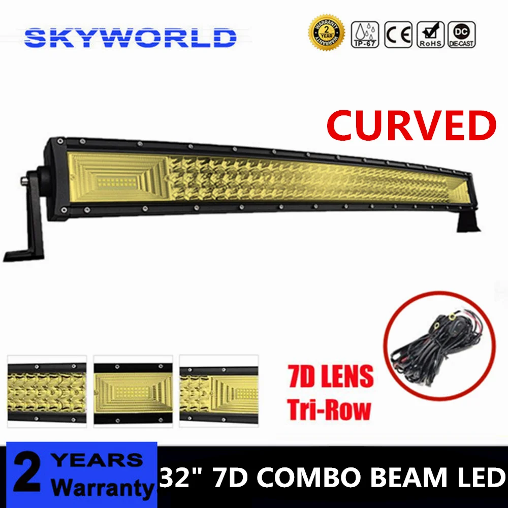 

32" Triple Row 7D LENS 32 inch Curved LED Work Light Bar Yellow Combo Beam For JEEP Offroad Truck SUV 4x4 4WD 12v 24v Led Lamp