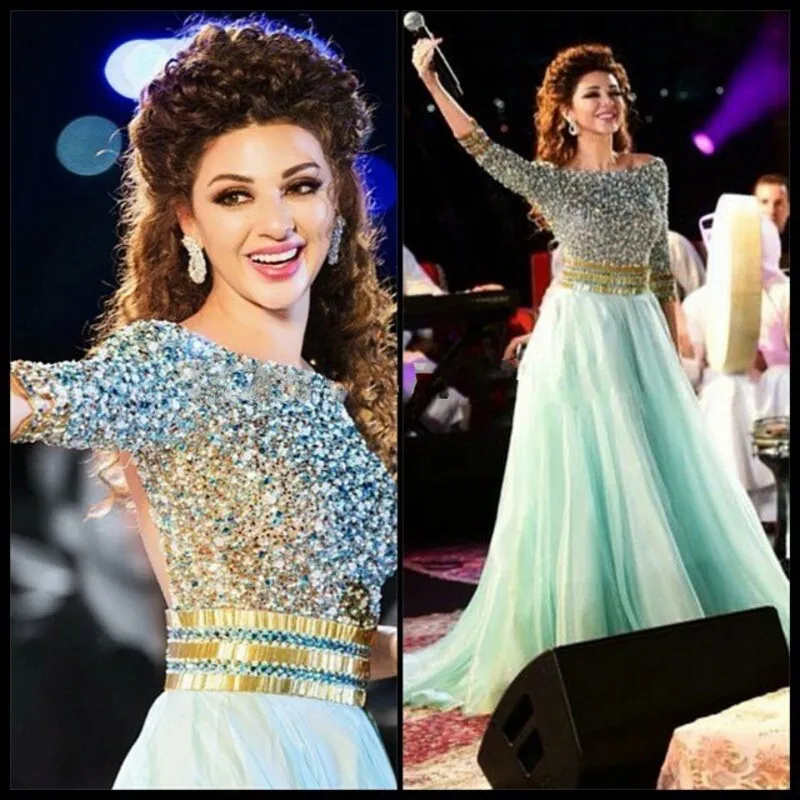  2016 A Line Myriam Fares Celebrity Dress Scoop Neck Three Quarter Sleeves Beaded Crystals Sequins Tulle Long Prom Dresses 