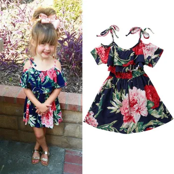 

Baby Girls Off-shoulder Skater Dress Kids Floral Summer Party Dresses Flower Girls Princess Dress 2-7 Y