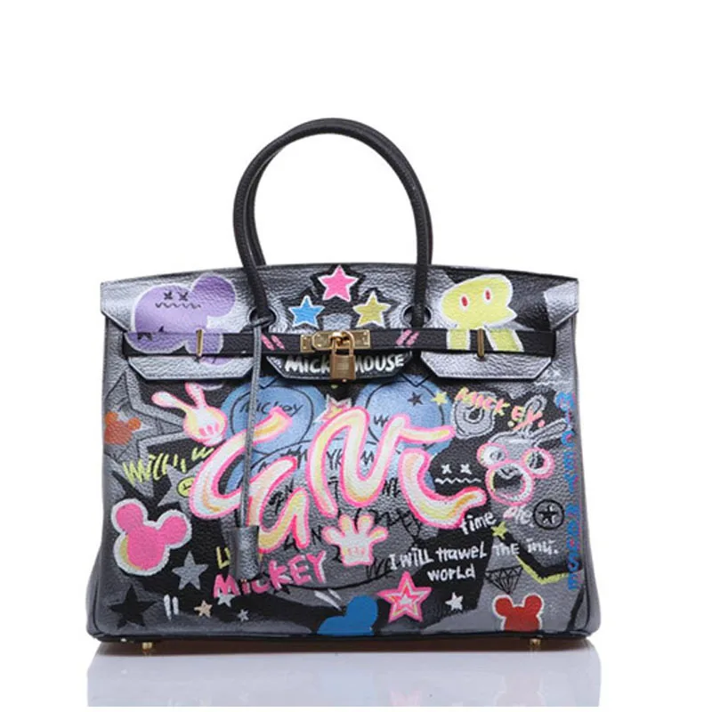 Women Handbag Messenger Bags 100% Leather Bag Graffiti Cut Mouse Totes Women's Hand Painting Handbags Gift