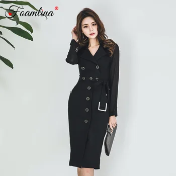 

Foamlina Elegant Ladies Black Formal Pencil Dress 2018 Autumn Notched Collar Chiffon Long Sleeve Casual Work Office Midi Dress