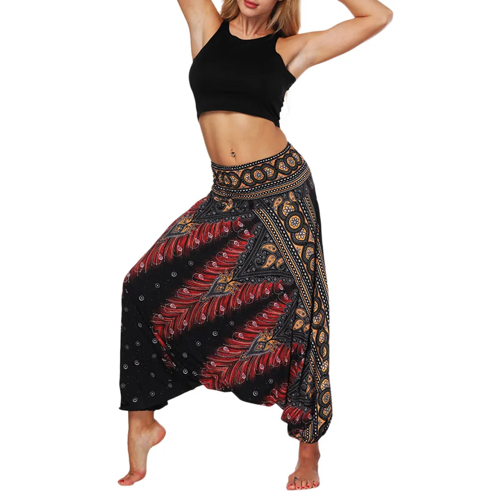 Женские летние пляжные брюки Boho Aladdin Gypsy Hippie, шаровары с эластичной талией, Женские Мешковатые брюки с принтом павлиньих перьев# T30 - Цвет: Black