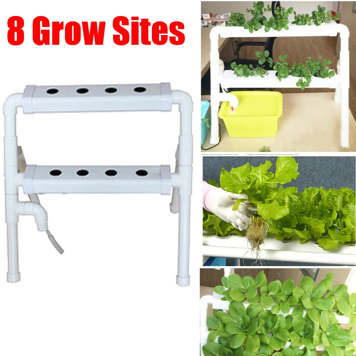 White 2 Layers Hydroponic Grow Kit Plastic 8 Sites Ebb & Flow Deep Water Culture Nursery Pot Garden System Hydroponic Rack