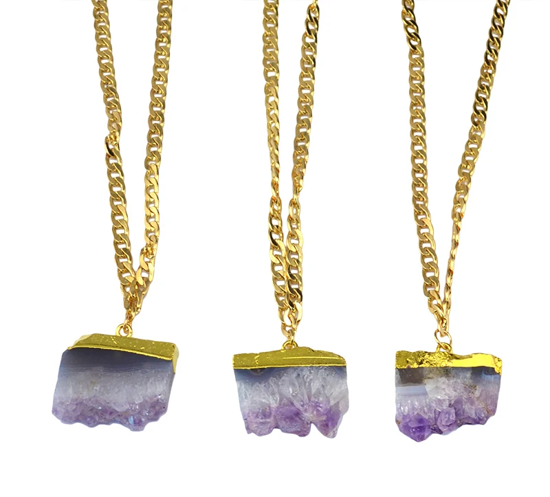 Hotsale Westlichen Neue Trendy Große Lila Naturstein Hohe Qualität Kristall Stein Anhänger Halsketten Modeschmuck für Frauen