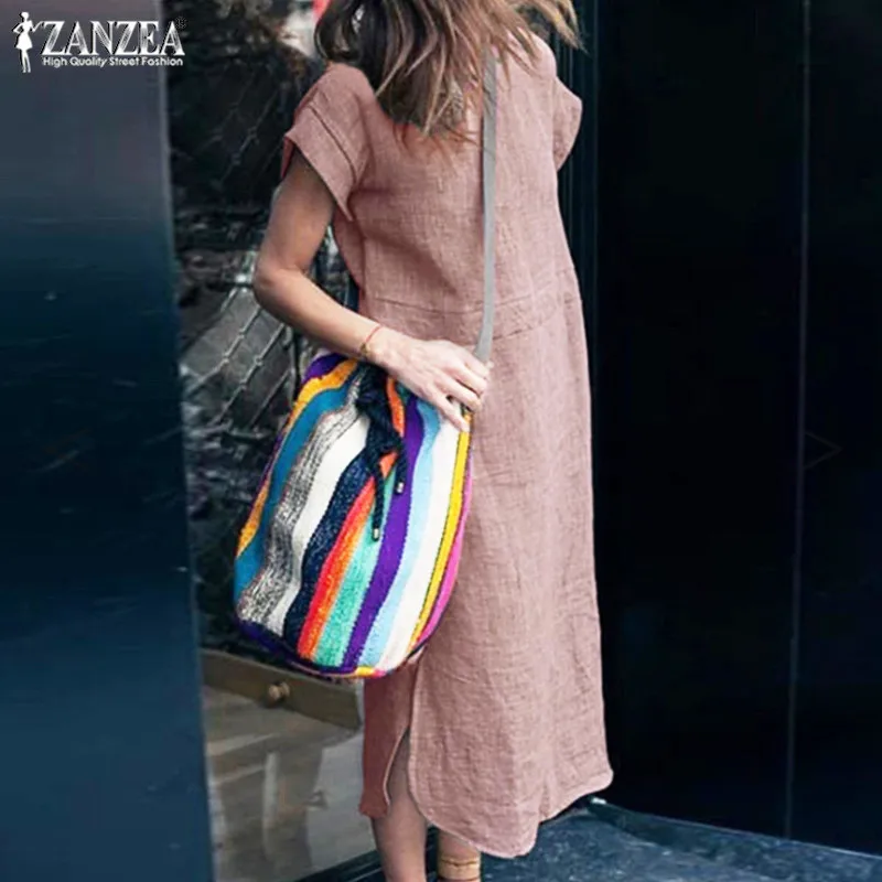 

2019 Plus Size ZANZEA Summer Shirts Dresses Women Casual Solid Short Sleeve Split Party Sundress Vestidos Dress Femme Tunic Robe