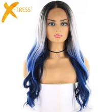Эффектом деграде(переход от темного к синий Синтетические волосы на кружеве синтетические волосы парики средней части X-TRESS 24 дюймов длинные волнистые 13x4 уха до уха Синтетические волосы на кружеве al парик с детскими волосами