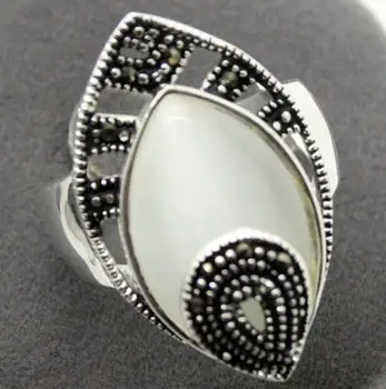 

Free shipping 24 * 13mm natural white opals drop 925 Silver and marcasite ring size 7/8/9/10