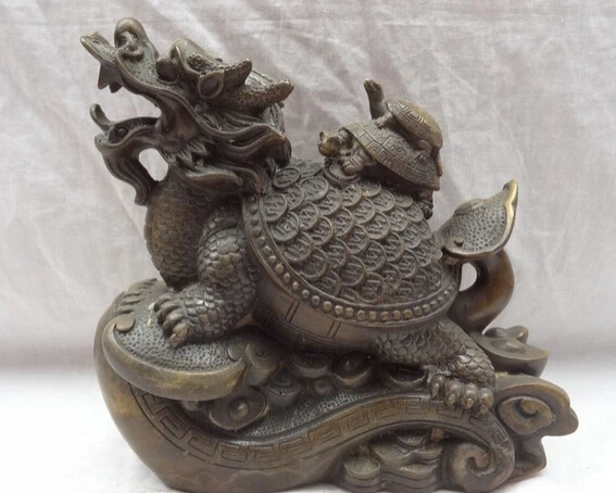 

JP S0606 8" Chinese Bronze Animals FengShui Dragon Turtle Statue On YuanBao Coin RuYi
