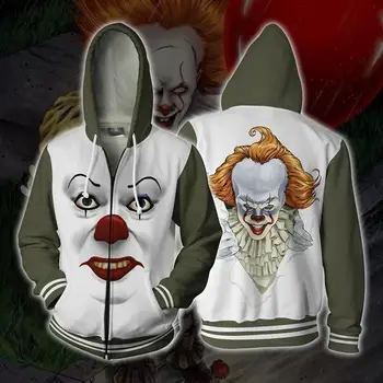 

Movie Stephen King IT The Clown Pennywise Hoodies Cosplay Costume Men Women Cartoon Clown 3D printing Zip Up Hooded Sweatshirt