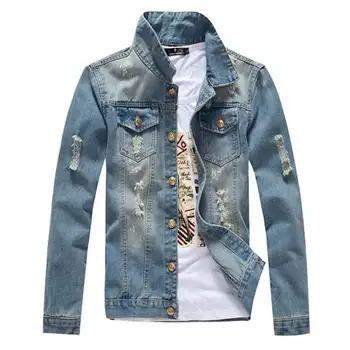 

Mcikkny Fashion Men's Ripped Hole Jean Jacket Solid Color Slim Fit Casual Distressed Denim Jacket Light Blue For Male Size M-3XL