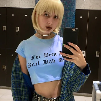 

2019 spring and summer new letter printing small T-shirt short women's show belly sexy slim slimming tide hh180