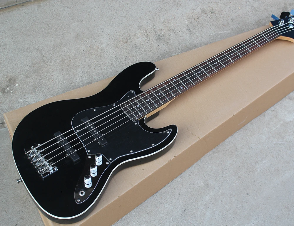 Factory custom 5 Strings Black Electric Bass Guitar with Rosewood Fretboard,Black Pickguard